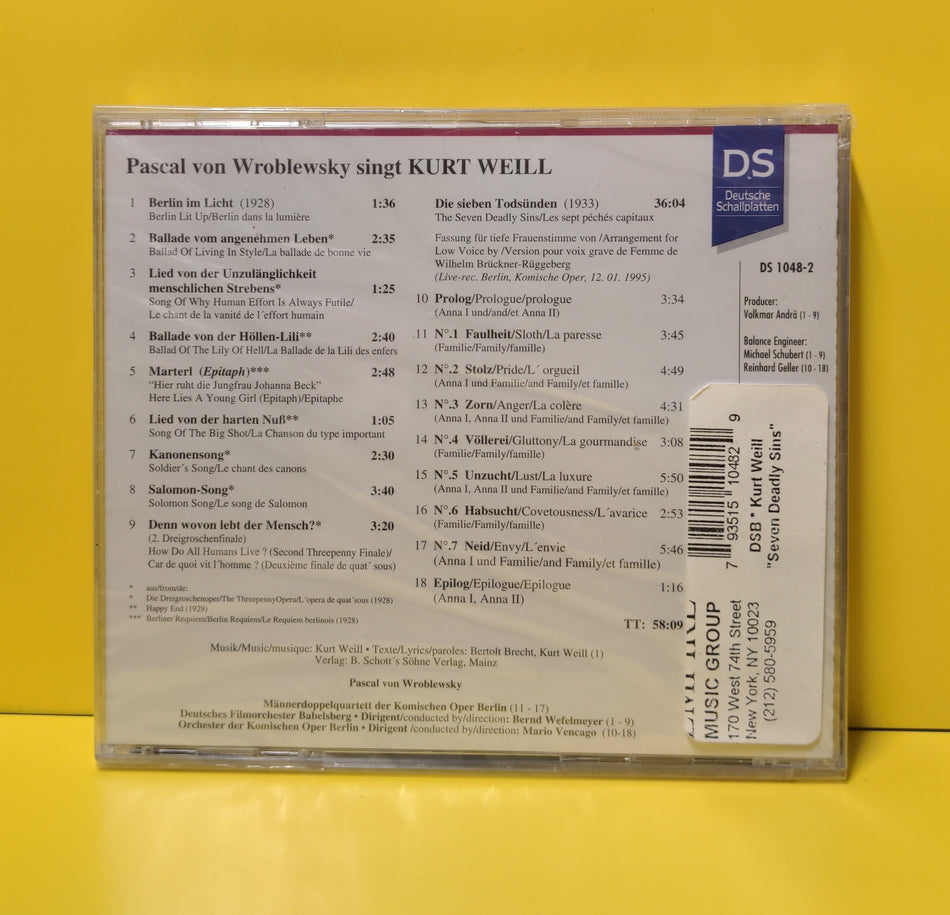 Pascal von Wroblewsky, Kurt Weill - Pascal von Wroblewsky Singt Kurt Weill - 1996 - DS 1048-2 New - Sealed - CDs