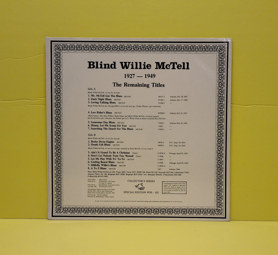 Blind Willie McTell - The Remaining Titles 1927-1949 - 1982 - WSE 102 Used - EX - Vinyl