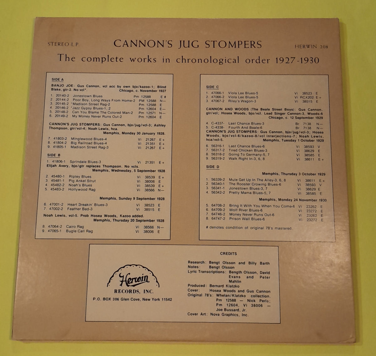 Cannon's Jug Stompers - The Complete Works In Chronological Order 1927-1930 - 1975 - H-208 Used - VG++ - Vinyl