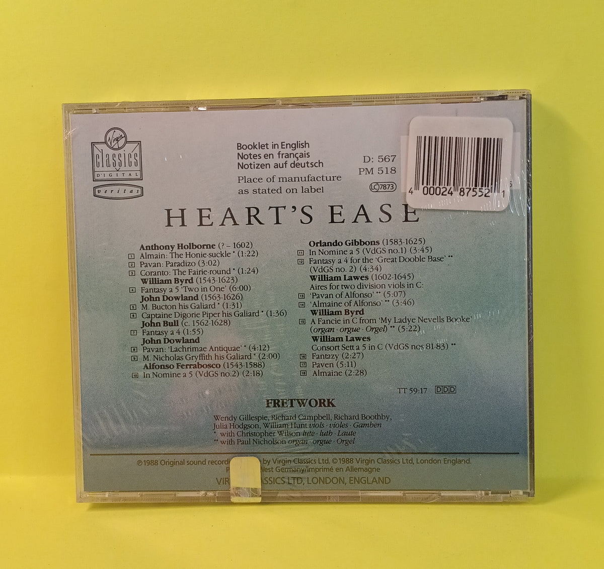 Fretwork: Holborne, Byrd, Dowland - Heart's Ease (Music For Viol Consort From The Late Tudor And Early Stuart Age) - 1988 - 0777 7596672 5 New - Sealed - CDs