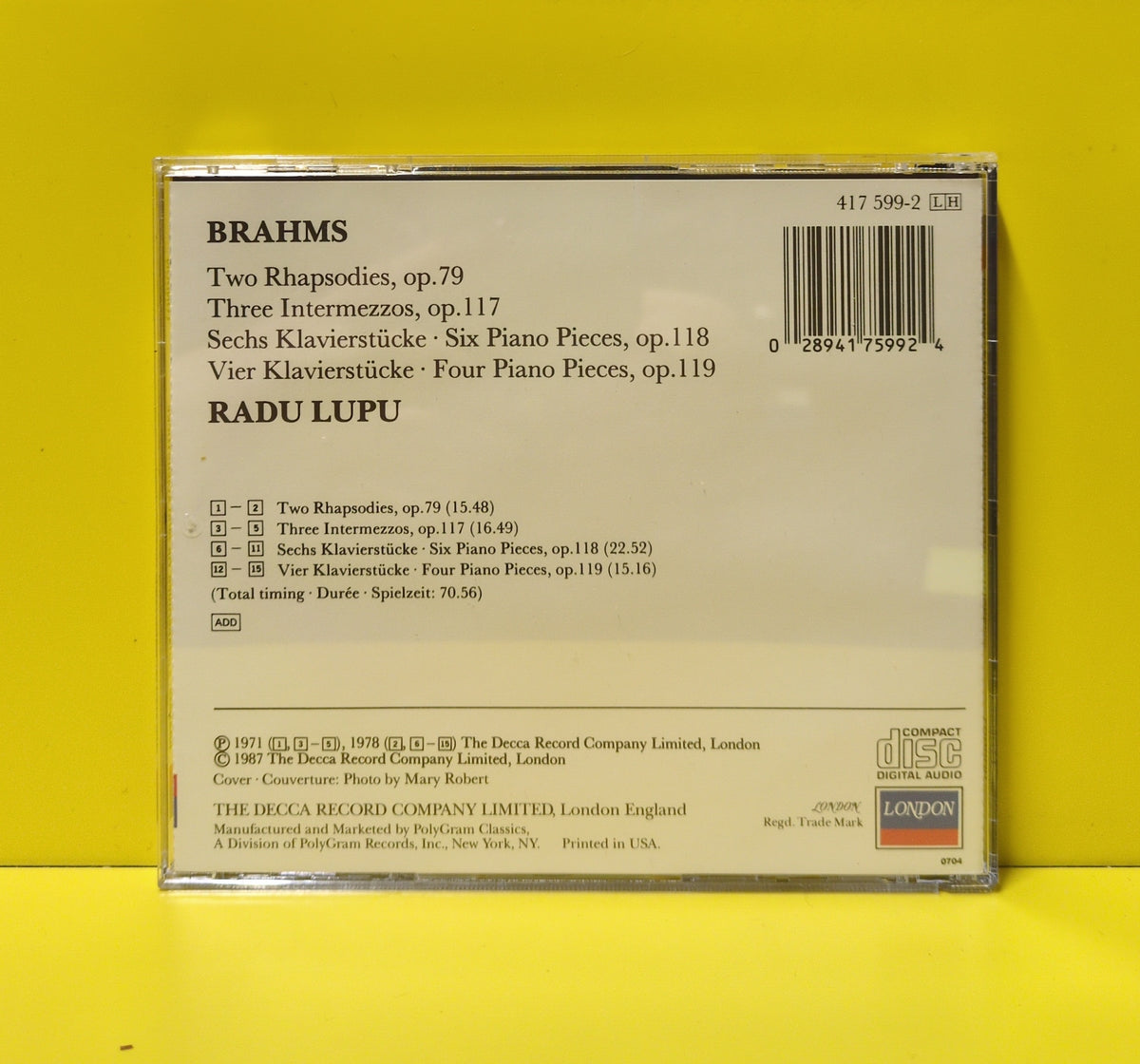 Brahms, Radu Lupu - Two Rhapsodies, OP. 79 • Piano Pieces Opp. 117-119 - 1987 - 417 599-2 Used - VG++ - CDs - Remastered