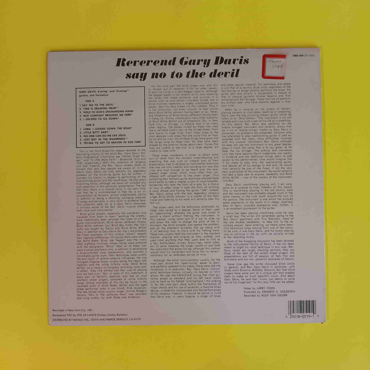 Reverend Gary Davis - Say No To The Devil / Remastered - 1987 - OBC-519 Used - NM - Vinyl