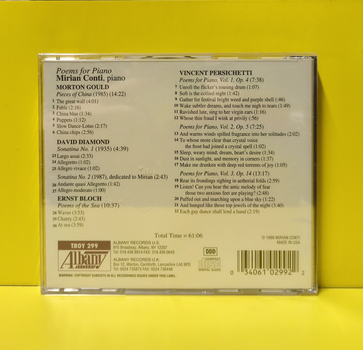 Gould, Persichetti, Diamond, Bloch, Mirian Conti - Poems For Piano - 1998 - TROY 299 New - Sealed - CDs