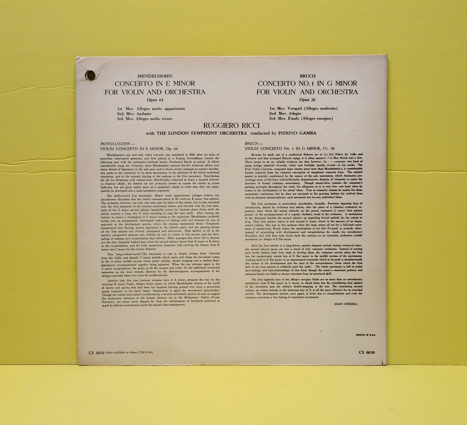Mendelssohn, Bruch - Ricci, London Symphony Orchestra, Gamba - Violin Concertos - CS 6010 Used - EX - Vinyl