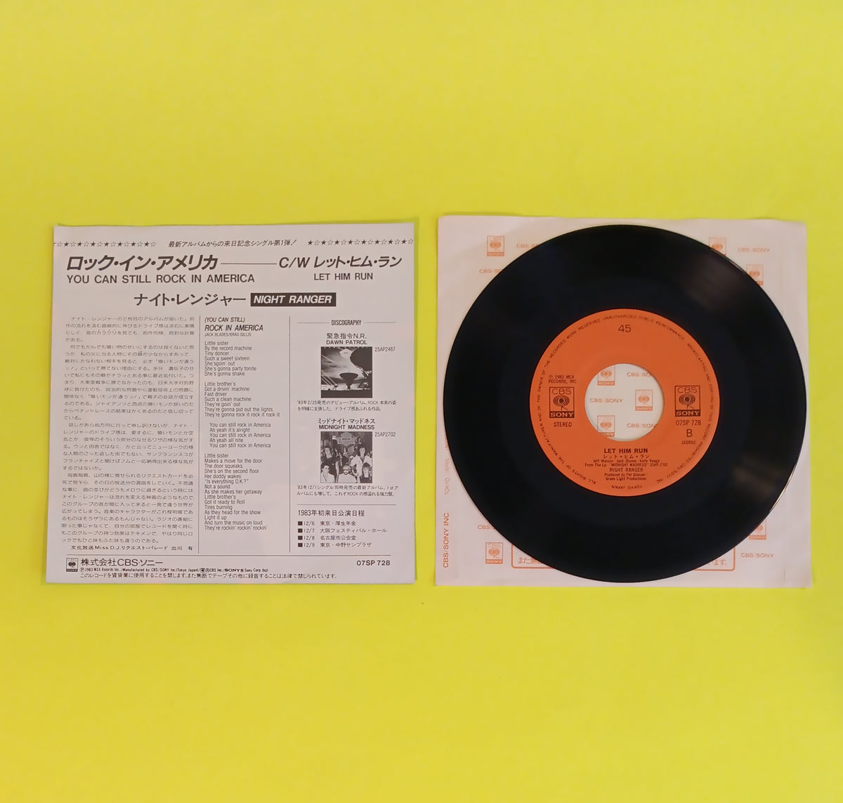 Night Ranger - Rock In America / Let Him Run (Japan 7") - 1983 - 07SP 728 Used - NM - Vinyl