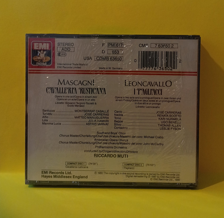 Mascagni, Caballé, Carreras, Manuguerra, Leoncavallo, Scotto, Nurmela, Ambrosian Opera Chorus, Philharmonia Orchestra, Riccardo Muti - Cavalleria Rusticana / I Pagliacci - 1998 - CMS 7 63650 2 New - Sealed - CDs