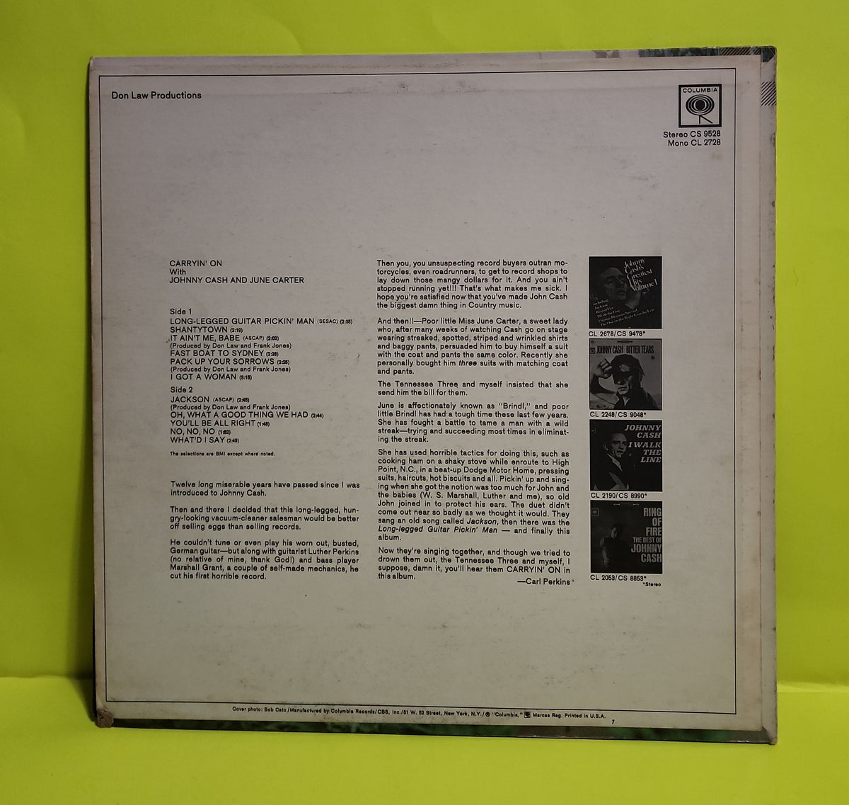 Johnny Cash & June Carter - Carryin' On With Johnny Cash & June Carter - 1967 - CS 9528 Used - EX - Vinyl