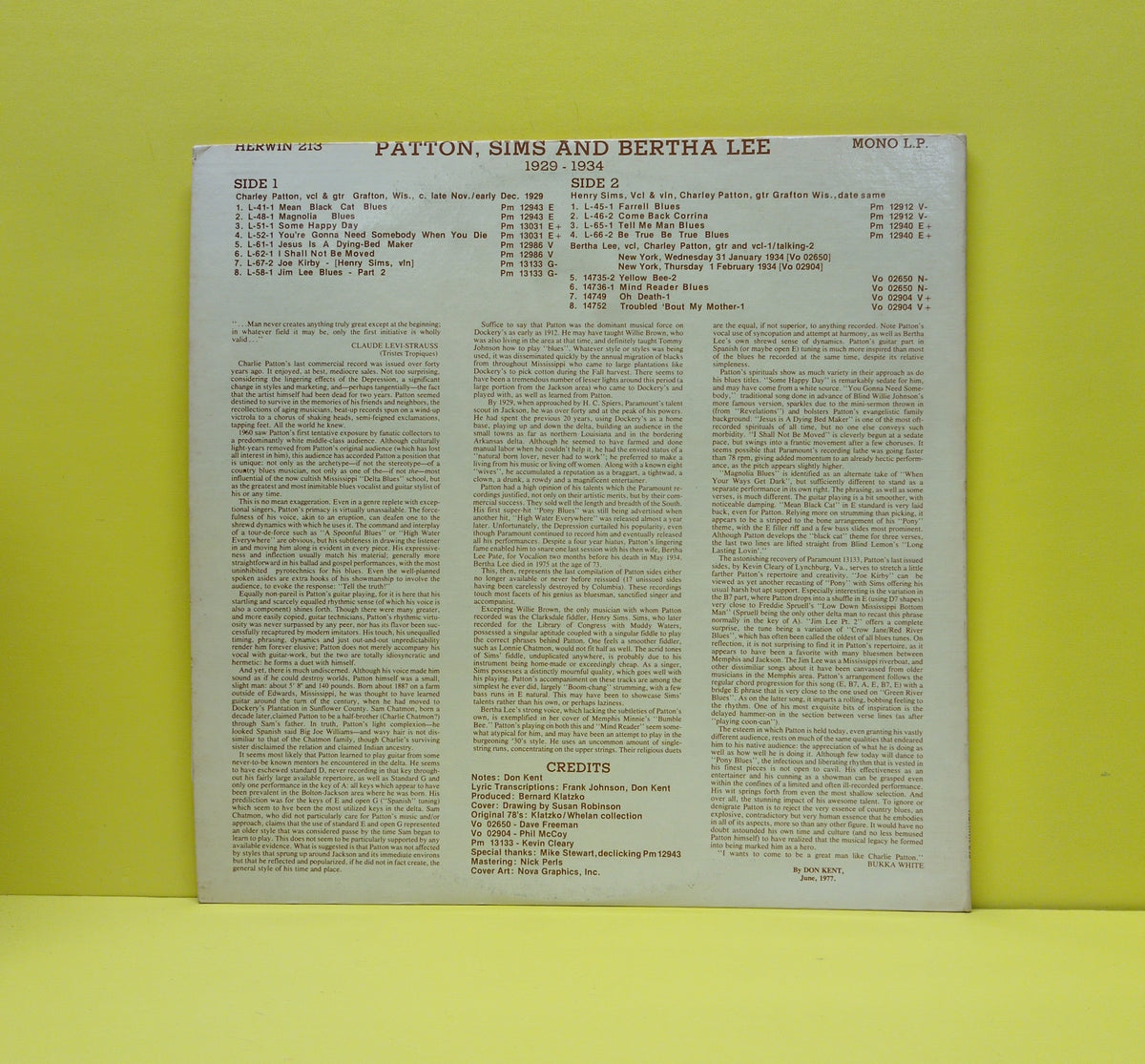 Charley Patton, Henry "Son" Sims & Bertha Lee - Patton, Sims & Bertha Lee - 1977 - H-213 Used - VG++ - Vinyl