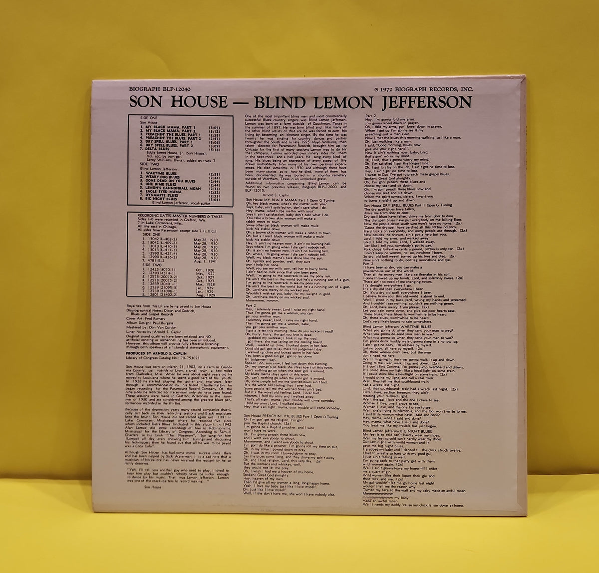 Blind Lemon Jefferson  / Son House - Blind Lemon Jefferson  / Son House  - 1972 - BLP-12040 Used - NM - Vinyl