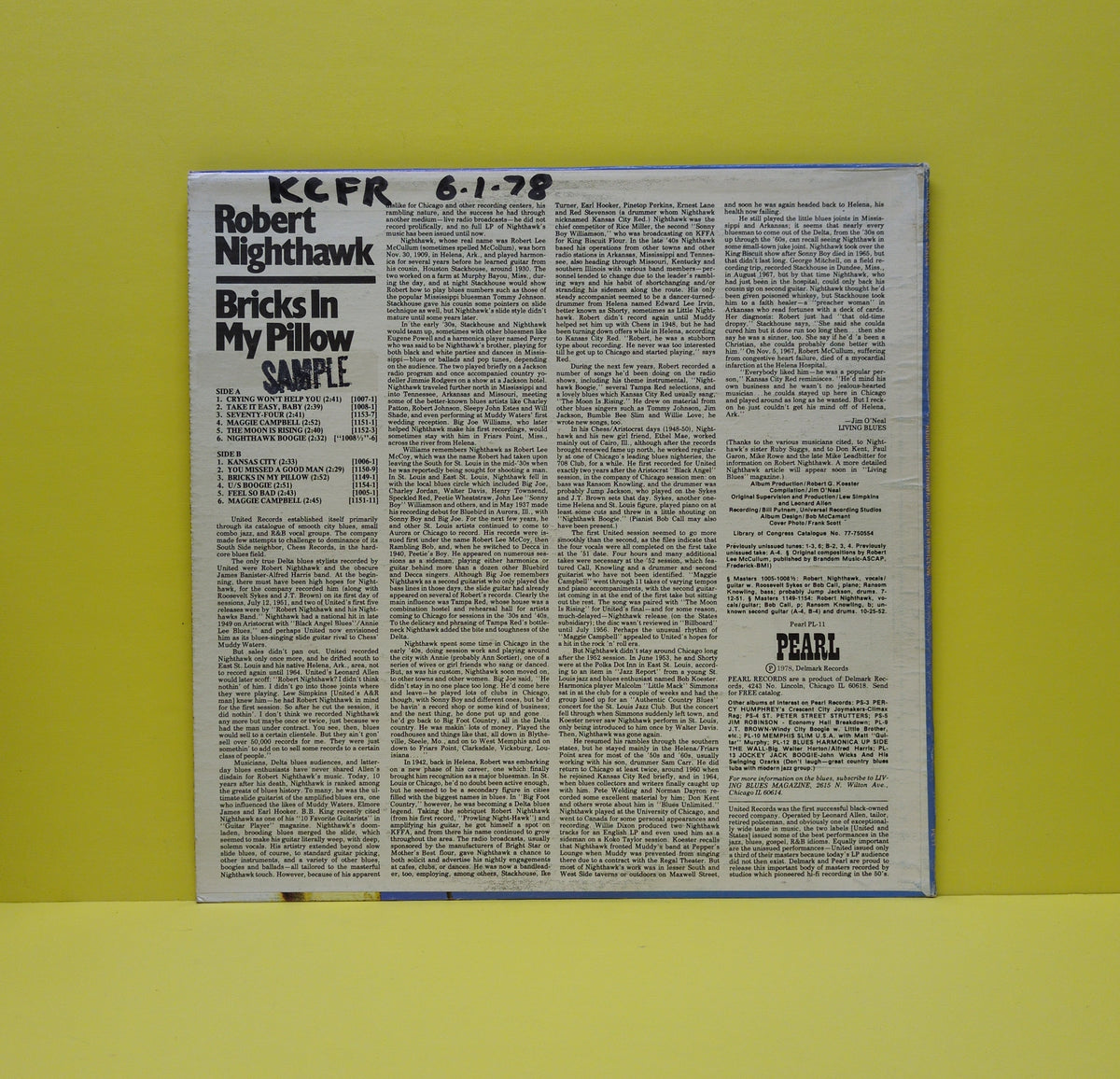 Robert Nighthawk - Bricks In My Pillow - 1978 - PL-11 Used - VG++ - Vinyl - Promo