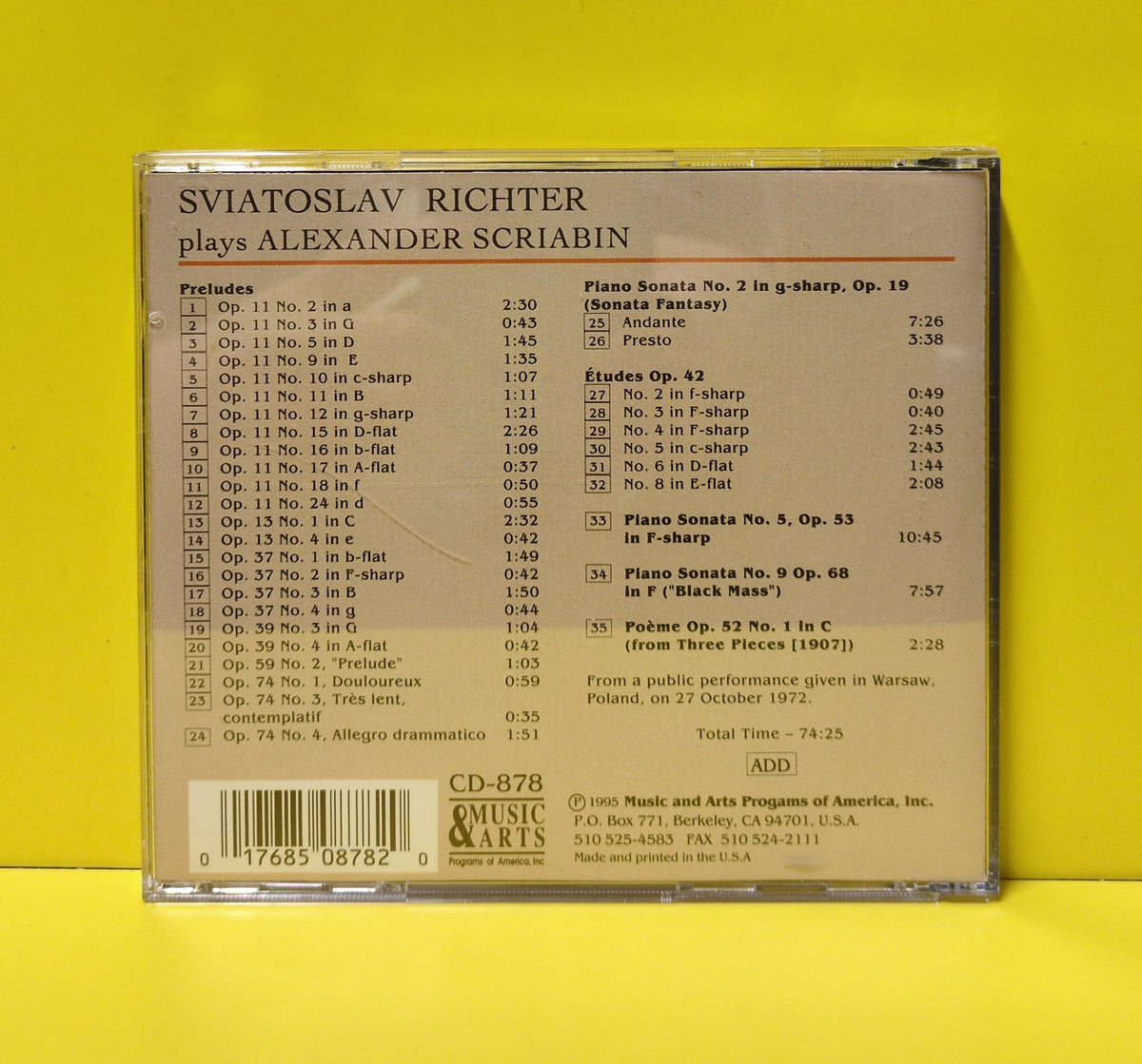 Sviatoslav Richter Plays Scriabin - Piano Sonatas Nos. 2, 5 & 9 / Études, Op. 42 / 24 Selected Préludes - 1995 - CD-878 Used - VG++ - CDs