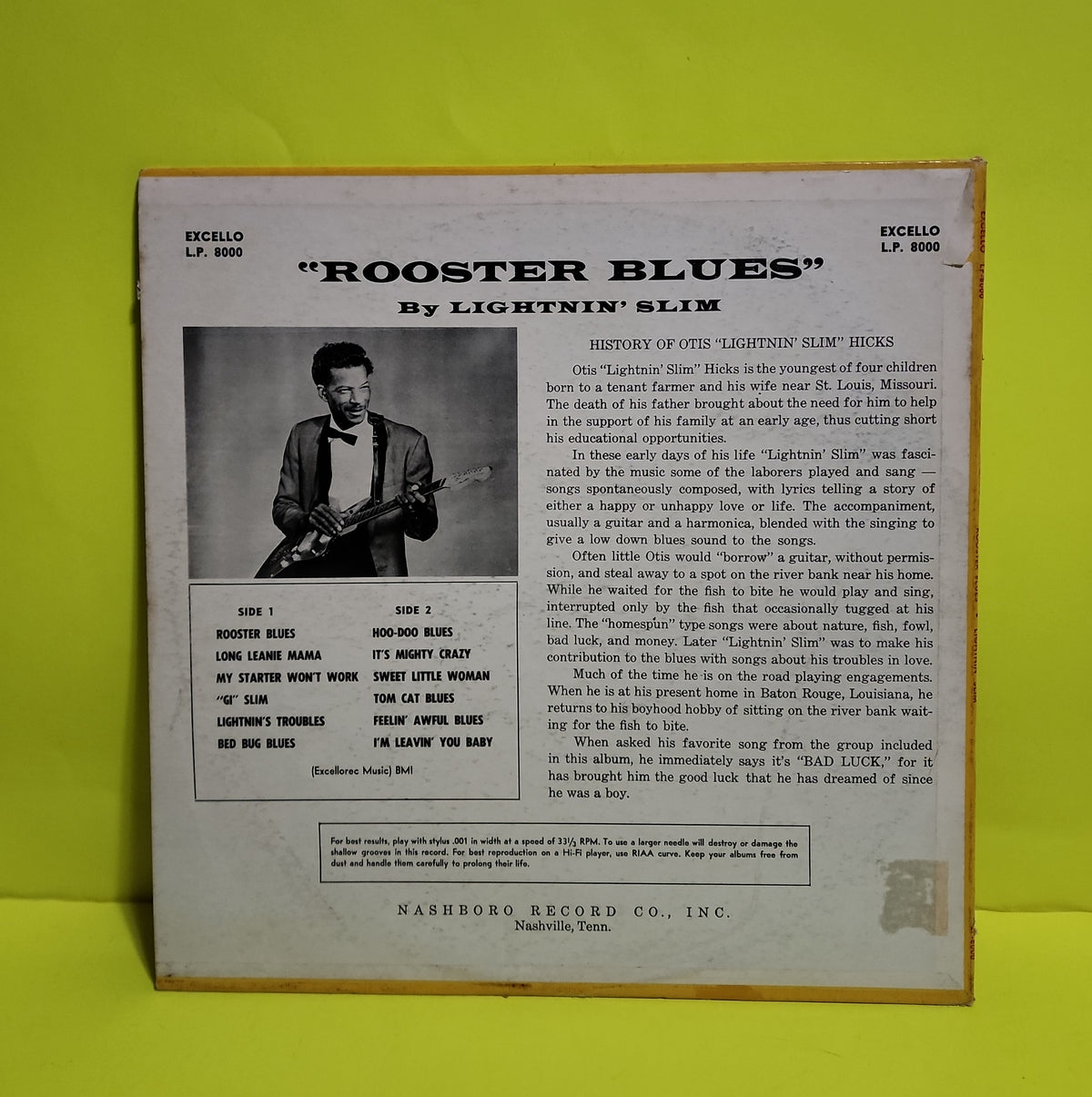 Lightnin' Slim - Roster Blues / Rare Small Pressing Ring - 1960 - LP 8000 Used - VG++ - Vinyl