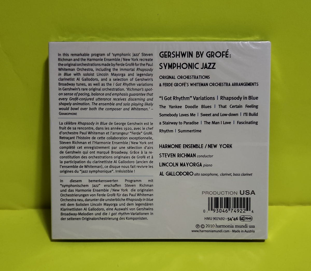 Harmonie Ensemble New York, Steven Richman, Lincoln Mayorga, Al Gallodoro - Gershwin By Grofe:Symphonic Jazz - 2010 - HMU 907492 New - Sealed - CDs