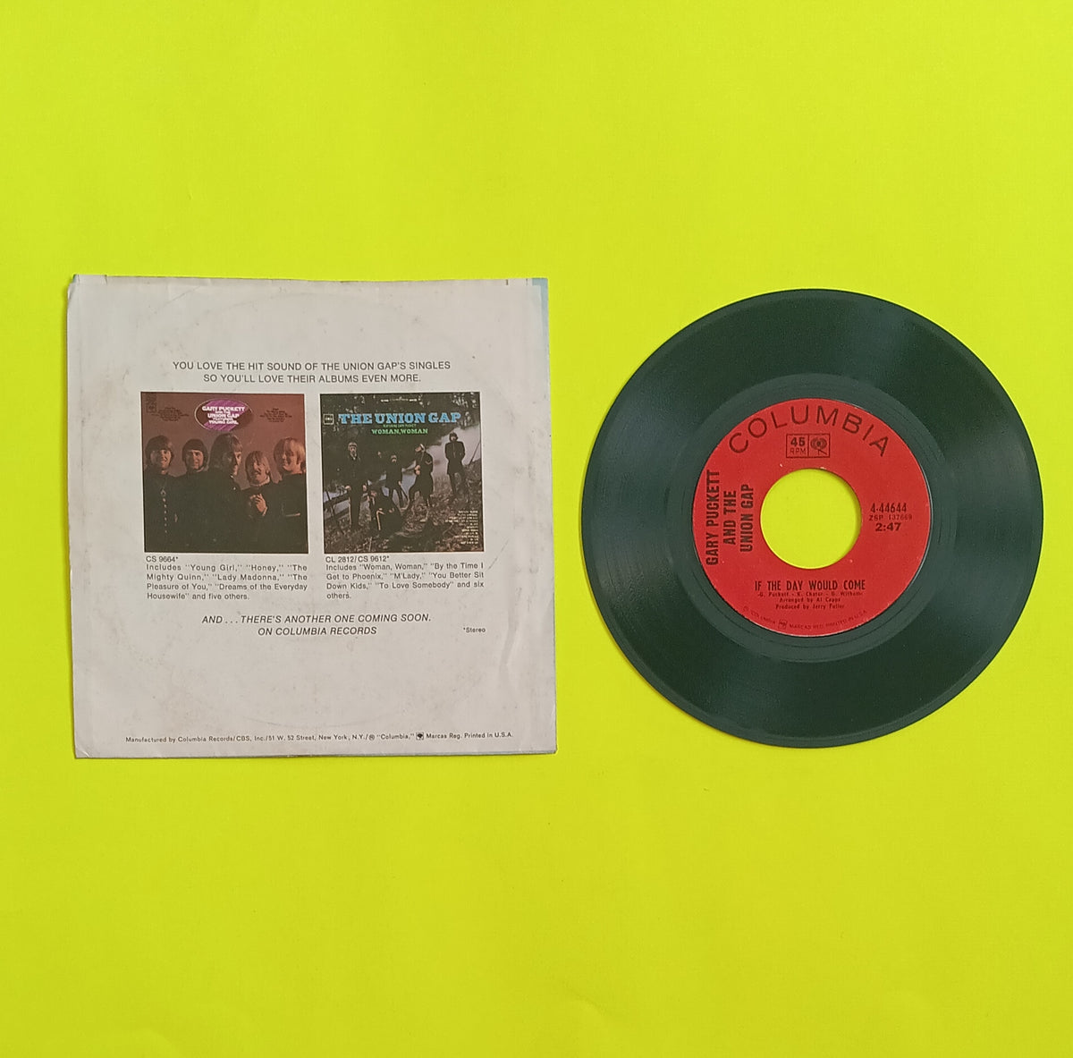 Gary Puckett and the Union Gap - Over You AUTOGRAPHED 7" - 1968 - 4-44644 Used - VG+ - Vinyl