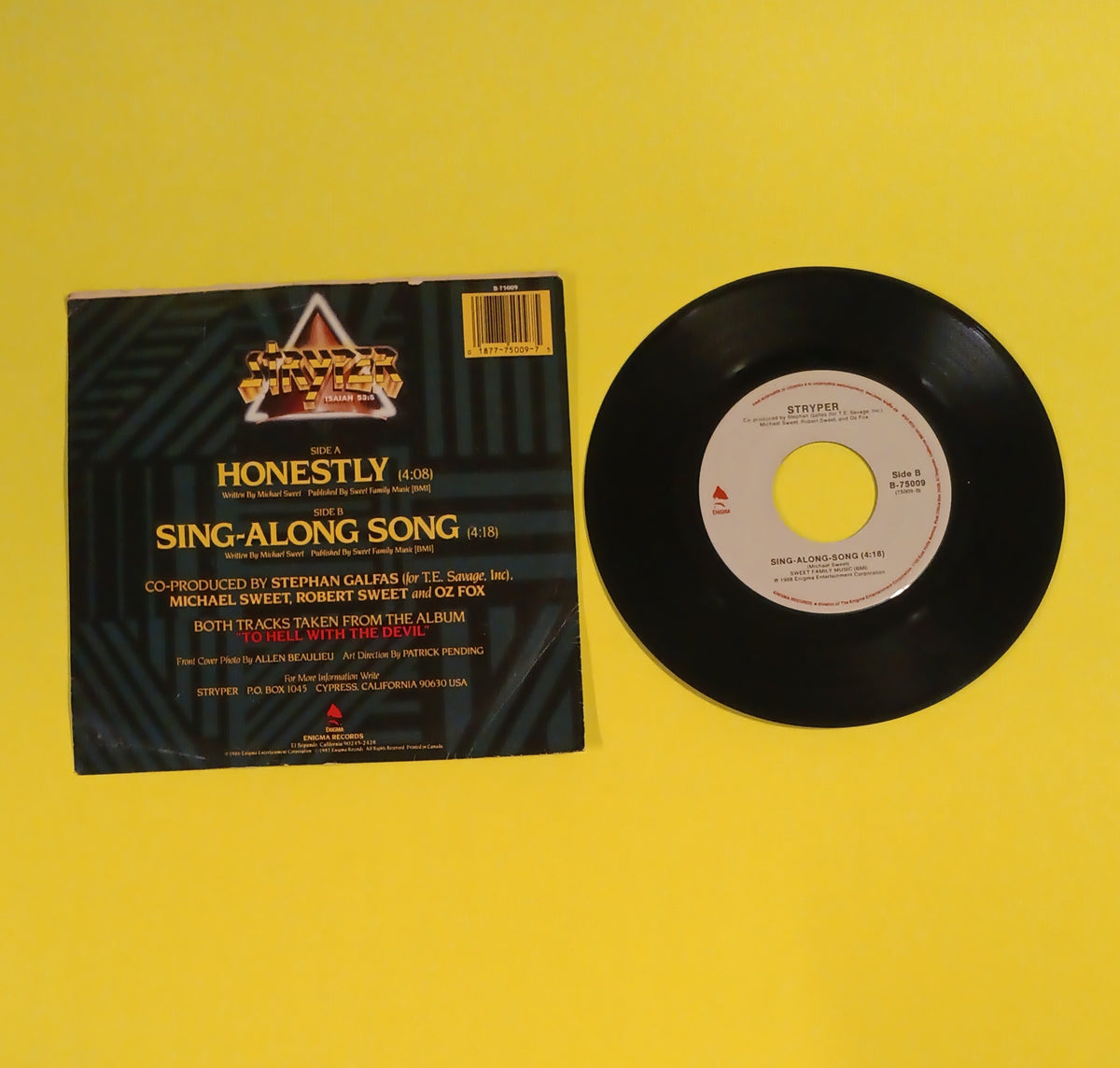 Stryper - Honestly / Sing-Along Song 7" - 1987 - B-75009 Used - VG++ - Vinyl