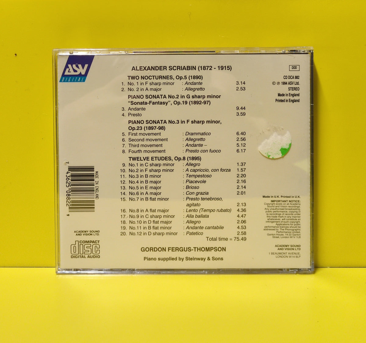 Scriabin, Gordon Fergus-Thompson - Sonatas 2 & 3, / Twelve Etudes Op. 8 / Two Nocturnes Op. 5 - 1994 - CD DCA 882 Used - EX - CDs