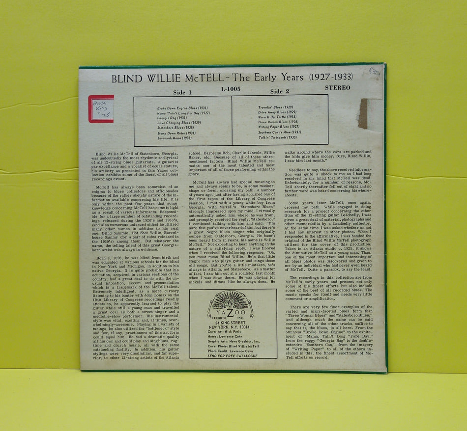 Blind Willie McTell - The Early Years 1927-1933 - 1968 - L-1005 Used - VG++ - Vinyl