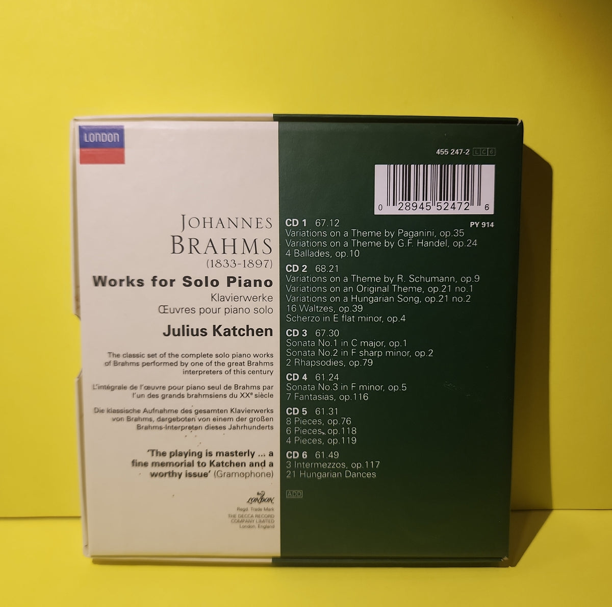 Brahms, Julius Katchen - Works For Solo Piano = Klavierwerke = Œuvres Pour Piano Solo / 6 CDs Box Set. - 1997 - 455 247-2 Used - EX - CDs