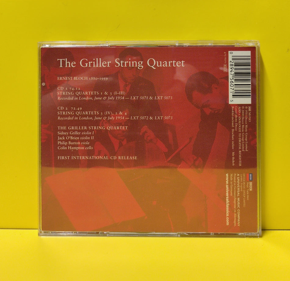 The Griller String Quartet, Bloch - String Quartets 1–4 - 2004 - 475 6071 Used - EX - 2xCD