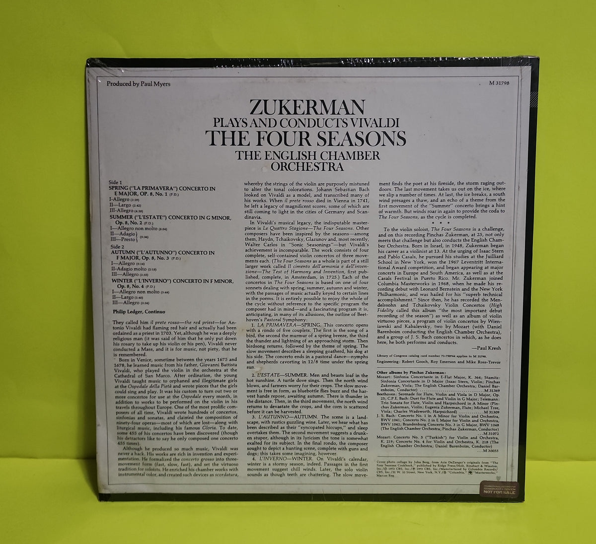 Zukerman  - Zukerman Plays And Conducts Vivaldi, The English Chamber Orchestra / The Four Seasons / Promo  - M 31798 New - Sealed - Vinyl