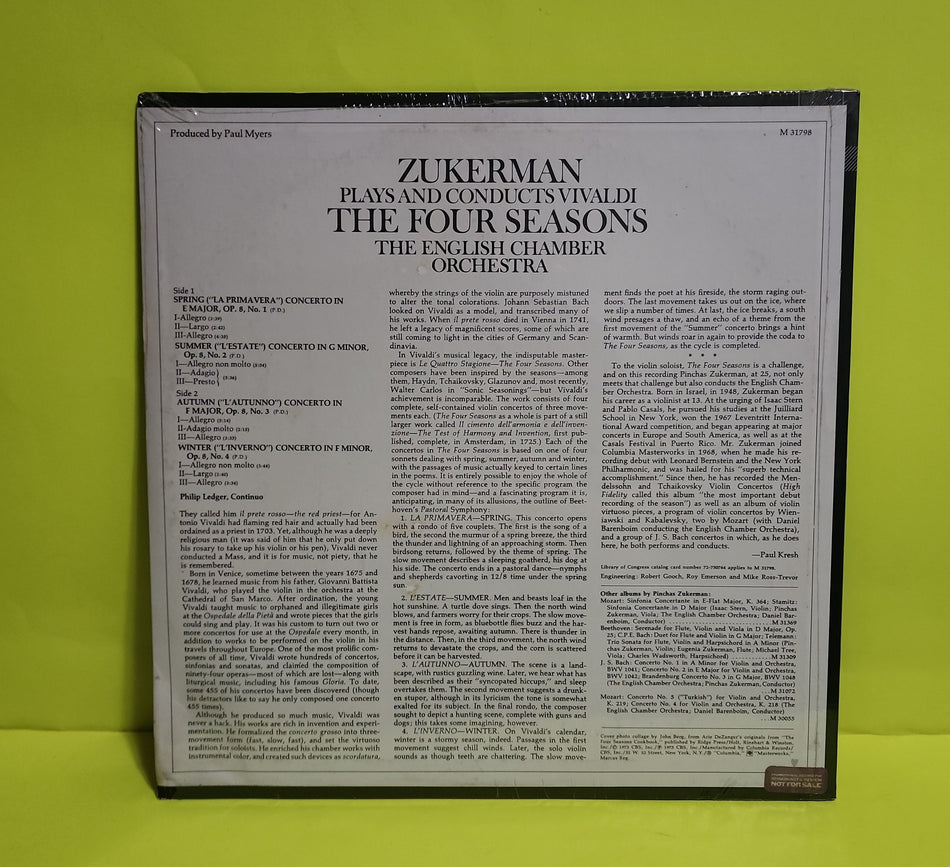 Zukerman  - Zukerman Plays And Conducts Vivaldi, The English Chamber Orchestra / The Four Seasons / Promo  - M 31798 New - Sealed - Vinyl