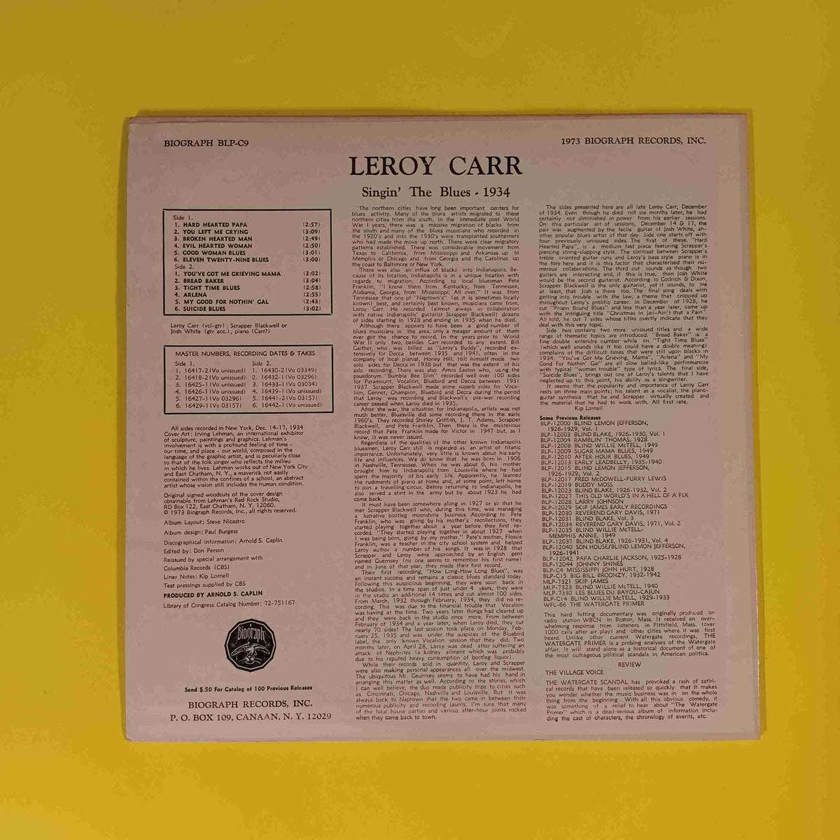 Leroy Carr - Singin' The Blues - 1934 - 1973 - BLP-C-9 Used - EX - Vinyl