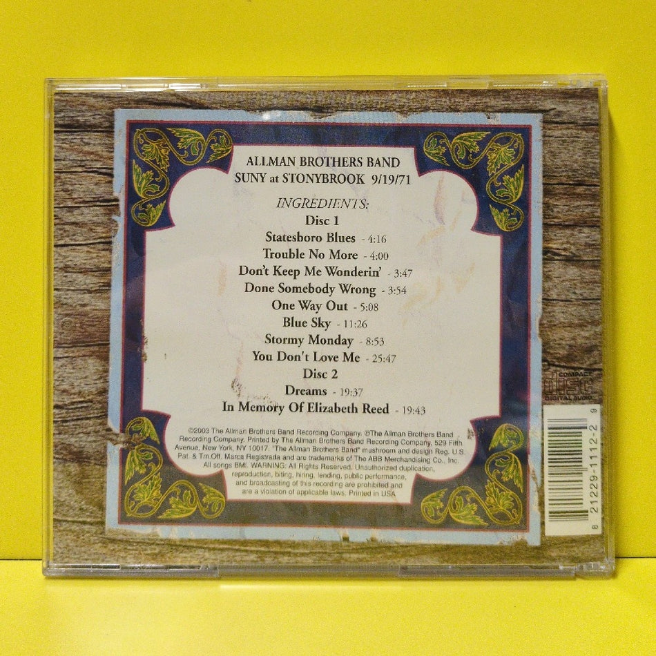 The Allman Brothers Band - S.U.N.Y. At Stonybrook, NY 9/19/71 - Used - VG++ - CDs - 2xCD