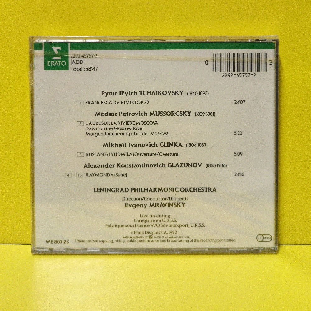 Tchaikovsky, Mussorgsky, Glinka, Glazunov, Leningrad Philharmonic Orchestra, Evgeny Mravinsky - Francesca Da Rimini Op. 32 / Dawn On The Moscow River / Ruslan & Lyudmila (Overture) /  Raymonda (Suite ) - 1992 - 2292-45757-2 - New - Sealed - CDs
