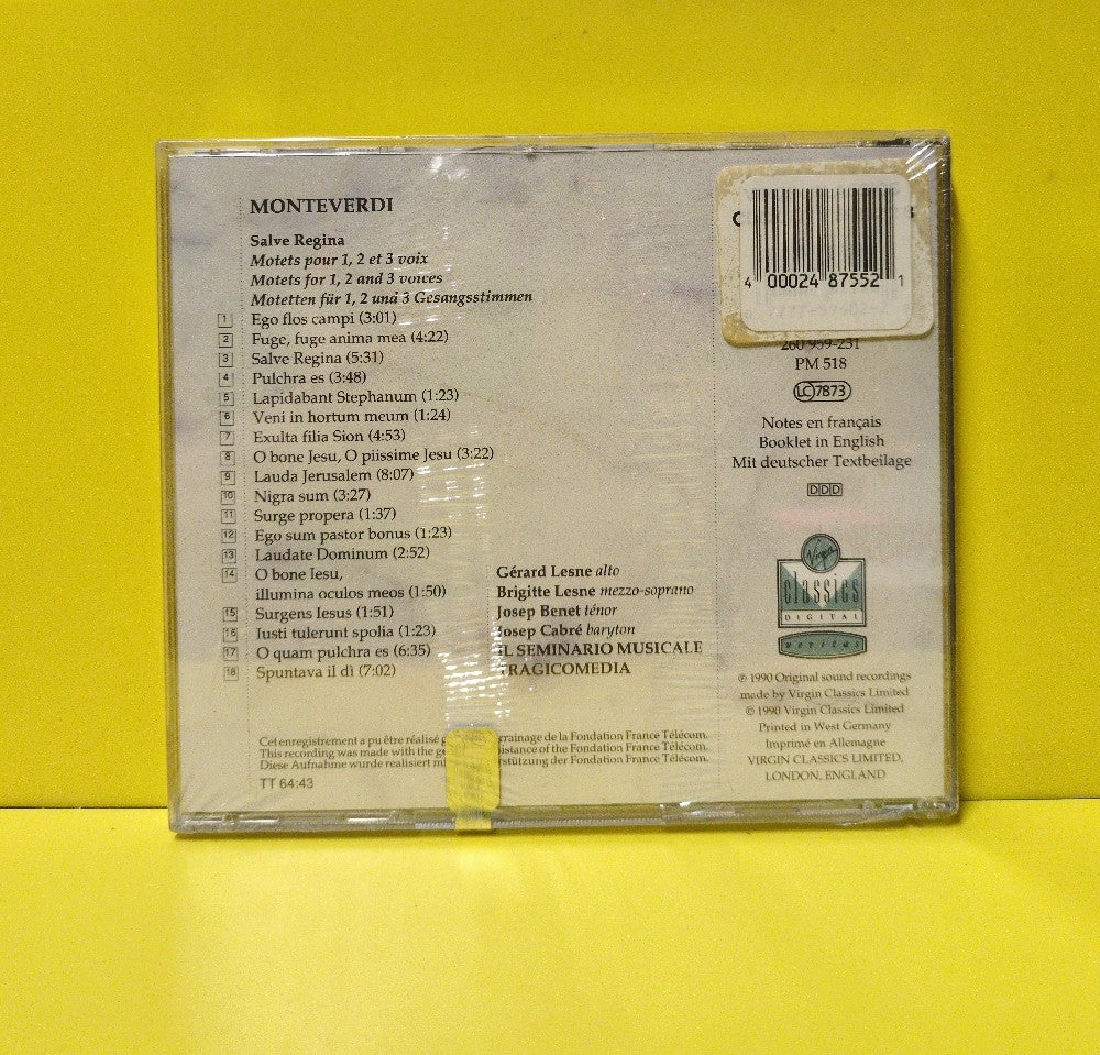 Monteverdi – Gerard Lesne • Josep Benet • Josep Cabre* • Brigitte Lesne • Il Seminario Musicale • Tragicomedia - Salve Regina (Motets Pour 1, 2 Et 3 Voix) - 1990 - 0777 7 59602 2 8 - New - Sealed - CDs - Europe Import