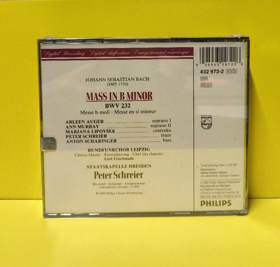 Bach, Peter Schreier, Arleen Auger, Ann Murray, Marjana Lipovšek, Anton Scharinger, Rundfunkchor Leipzig, Staatskapelle Dresden - Mass in B Minor - 1992 - 432 972-2 - New - Sealed - CDs - 2xCD