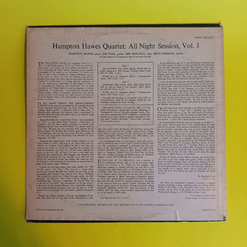Hampton Hawes Quartet - All Night Session Vol 3 / OG Stereo - 1963 - S 7547 - Used - VG+ - Vinyl