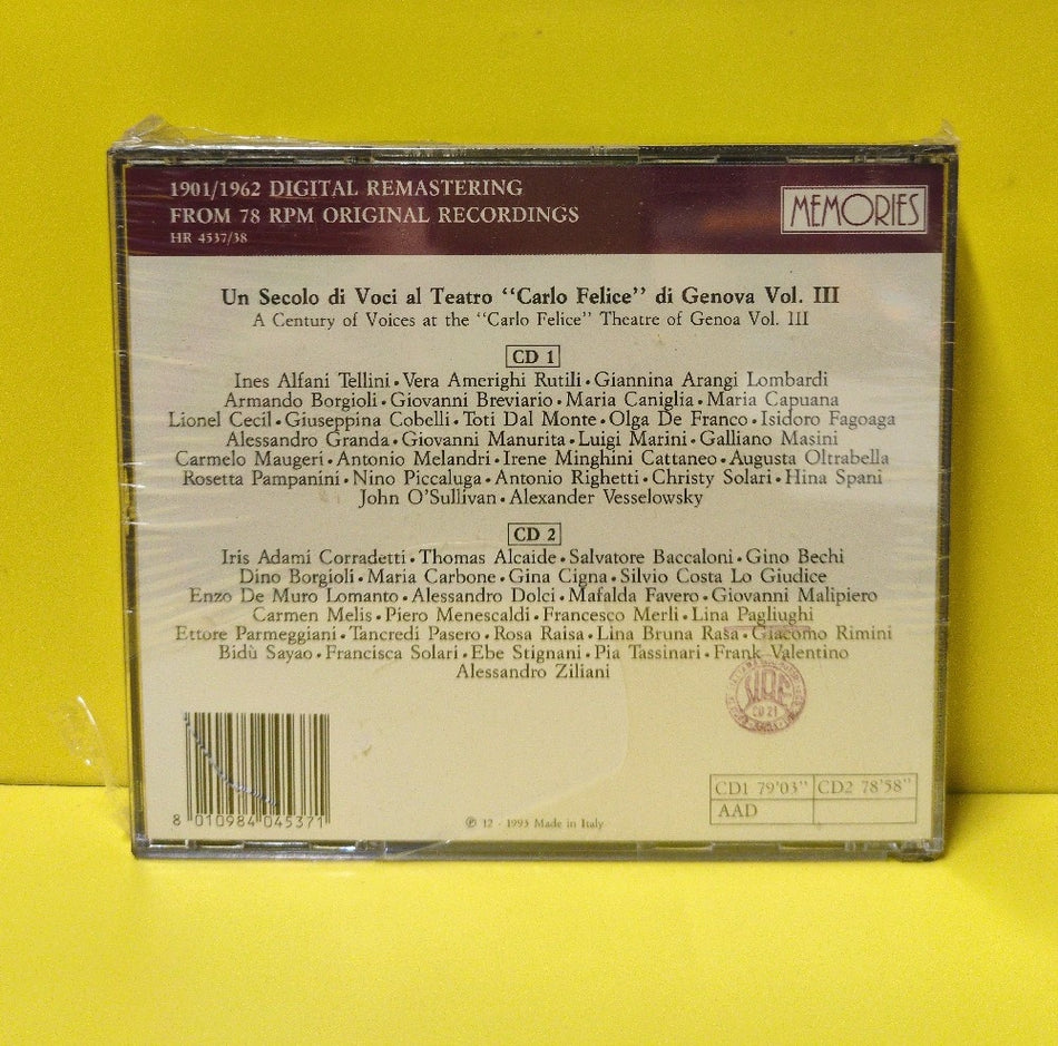 Various - A Century Of Voices At The "Carlo Felice" Theatre Of Genoa Vol. III - 1993 - HR 4537/38 - New - Sealed - CDs