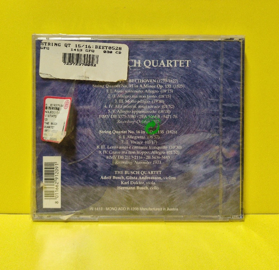 The Busch Quartet - Beethoven: String Quartets No. 15 Op. 132 - No. 16 Op. 135 - 1998 - IN 1413 - New - Sealed - CDs