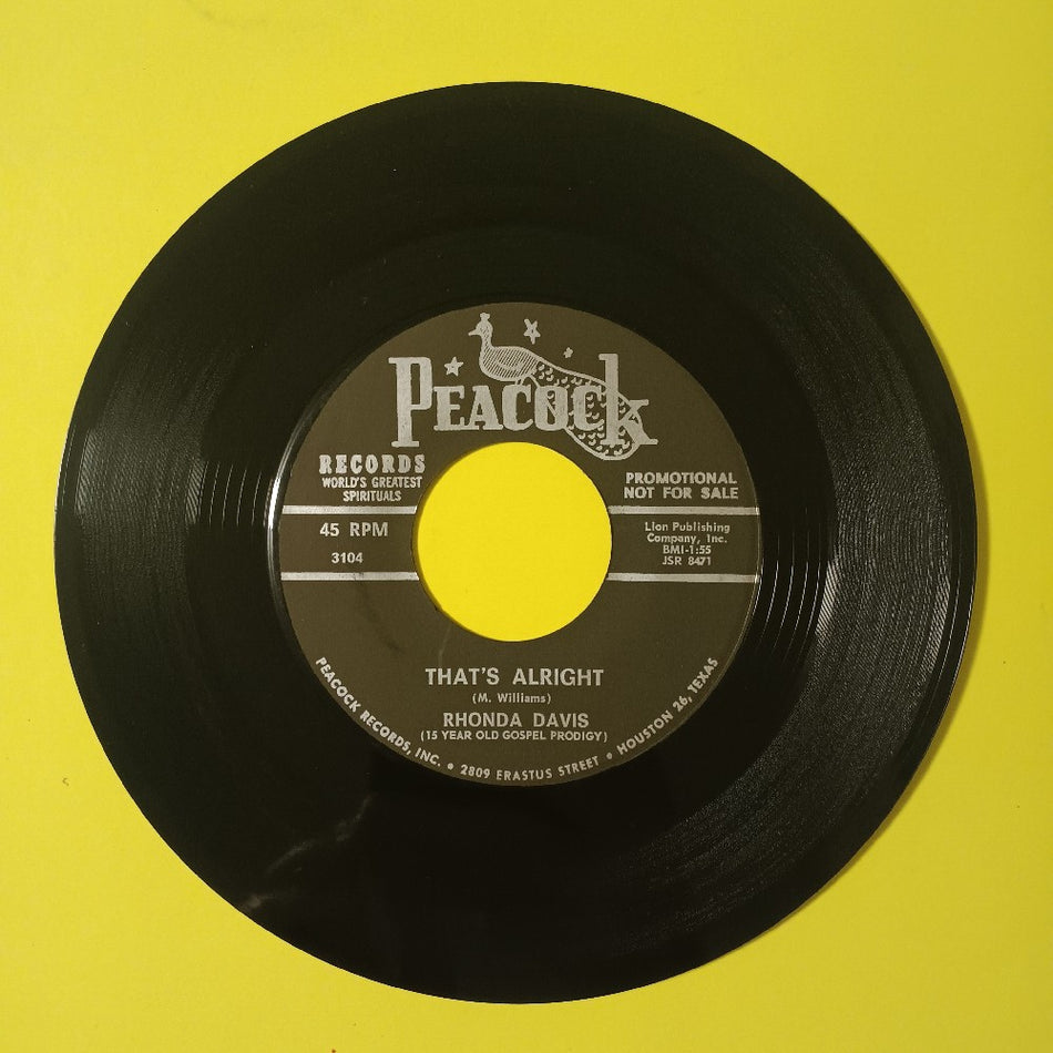 Rhonda Davis - My Redeemer / That's Alright Promo Gospel 7" - 1967 - Peacock 3104 - Used - VG++ - Vinyl