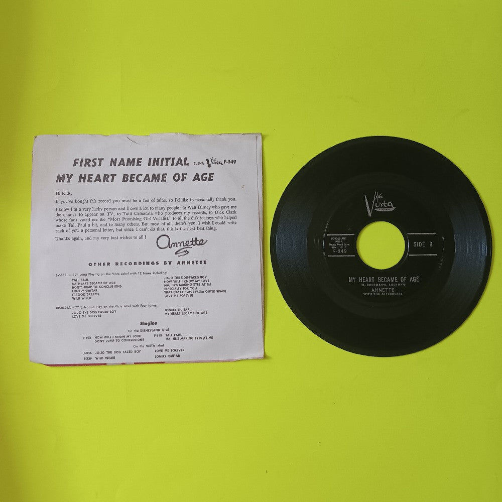Annette With The Afterbeats - First Name Initial 7" - 1959 - Buena Vista F-349 - Used - VG++ - Vinyl