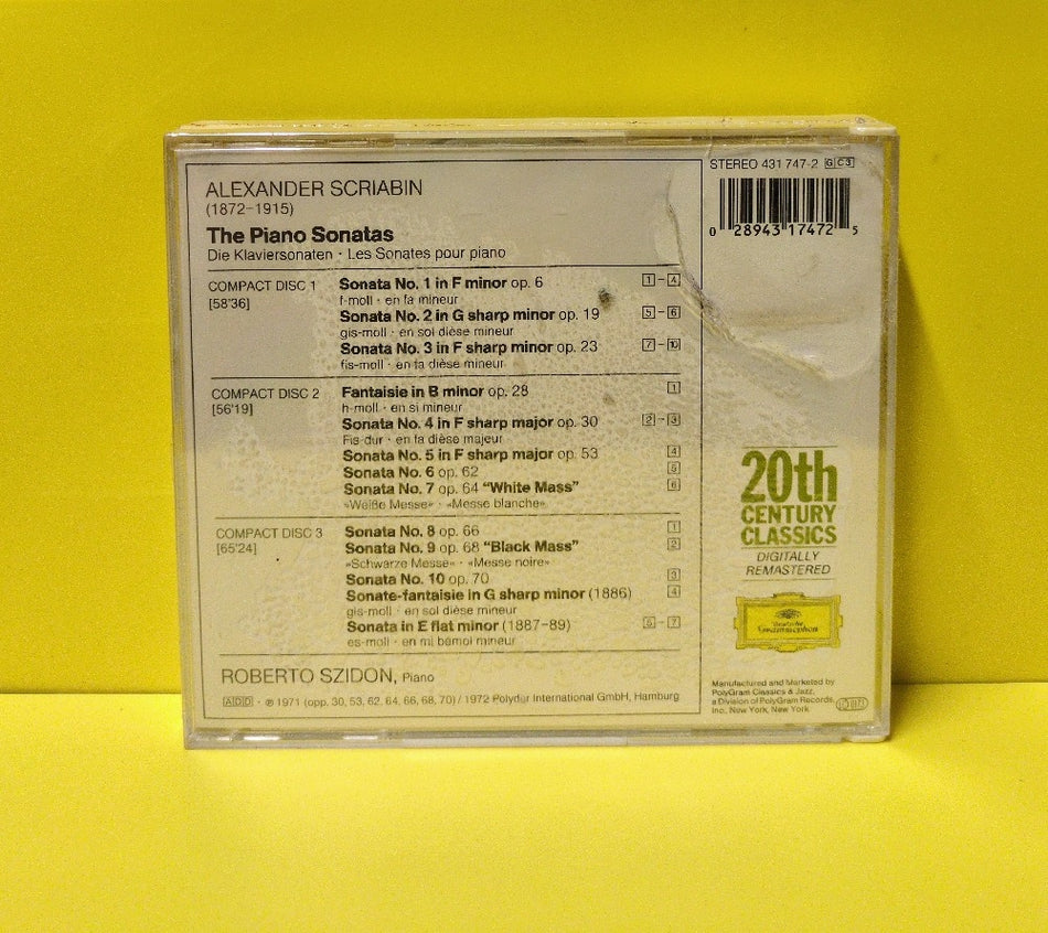 Scriabin, Roberto Szidon - The Piano Sonatas • Fantasies Op. 28 • 2 Early Sonatas - 431 747-2 - New - Sealed - CDs - 3xCD - Remastered