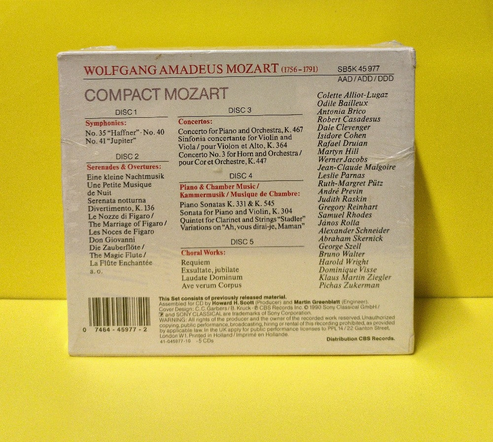 Wolfgang Amadeus Mozart, Various  - Compact Mozart - 1990 - SB5K 45 977 - New - Sealed - CDs 5xCD Box Set - Netherlands Import
