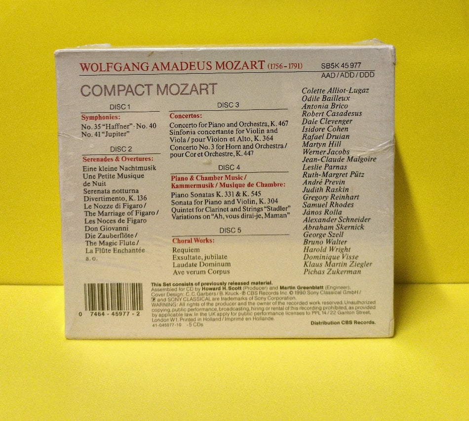 Wolfgang Amadeus Mozart, Various  - Compact Mozart - 1990 - SB5K 45 977 - New - Sealed - CDs 5xCD Box Set - Netherlands Import