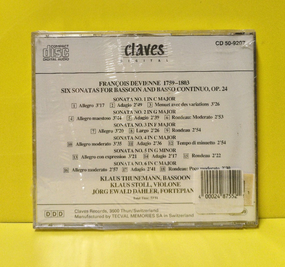 Francois Devienne / Klaus Thunemann - Klaus Stoll - Jorg Ewald Dahler - Six Sonatas For Bassoon And Basso Continuo, Op. 24 - 1992 - CD 50-9207 - New - Sealed - CDs - Switzerland Import