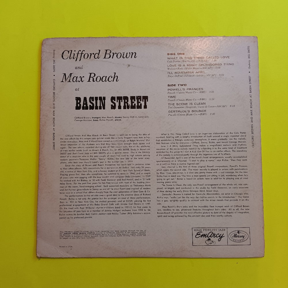Clifford Brown and Max Roach - At Basin Street - 1958 -  MG 36070 - Used - VG - Vinyl
