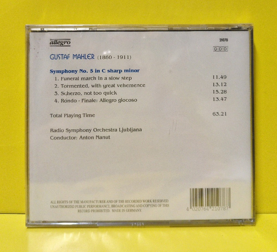 Mahler, Radio Symphony Orchestra Ljubkjana, Anton Nanut - Symphony No. 5 - 21078 - New - Sealed - CDs - Germany Import