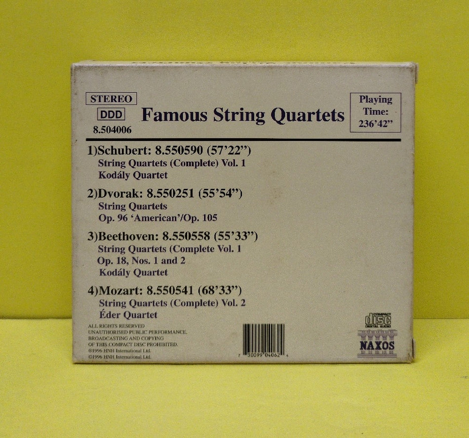 Schubert, Dvorak, Beethoven, Mozart - Famous String Quartets - 1996 - 8.504006 - New - New - CDs - 4xCD Box Set - No Shrink Wrap On Box