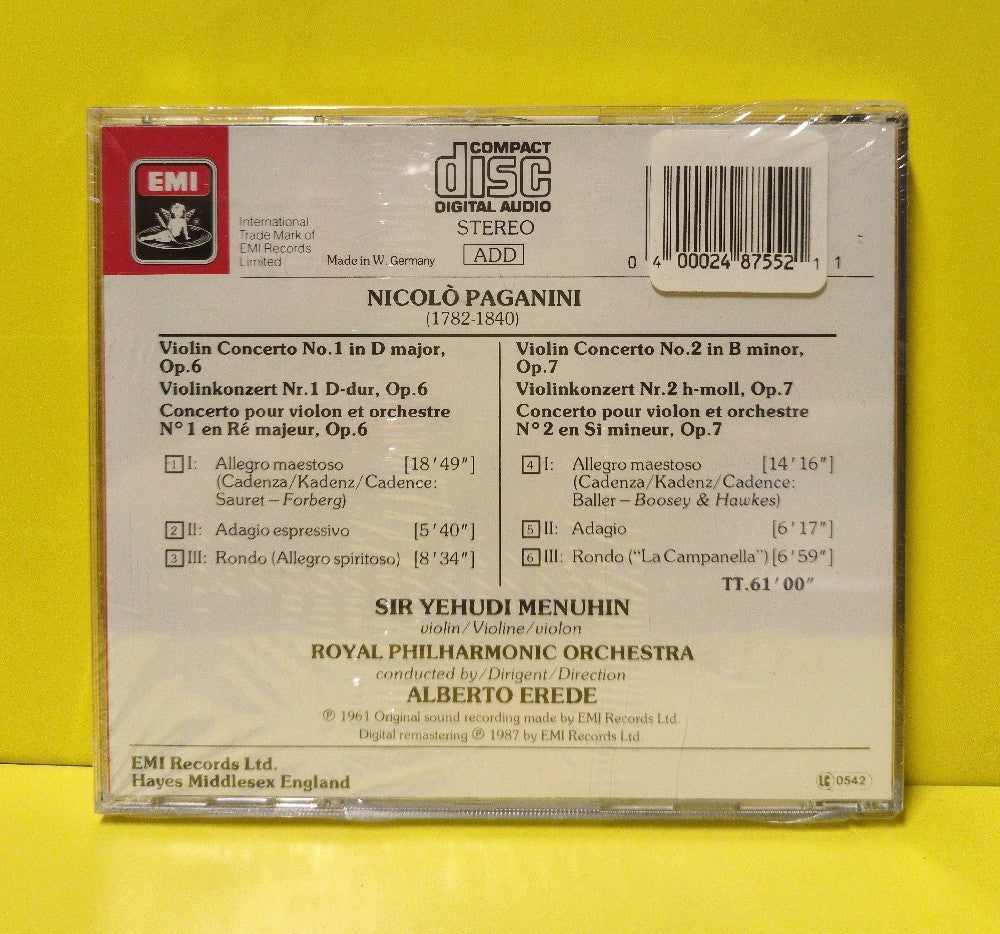 Paganini, Yehudi Menuhin, Royal Philharmonic Orchestra, Alberto Erede - Violin Concertos Nos. 1 & 2 - 1987 - CDC 7 47088 2 - New - Sealed - CDs