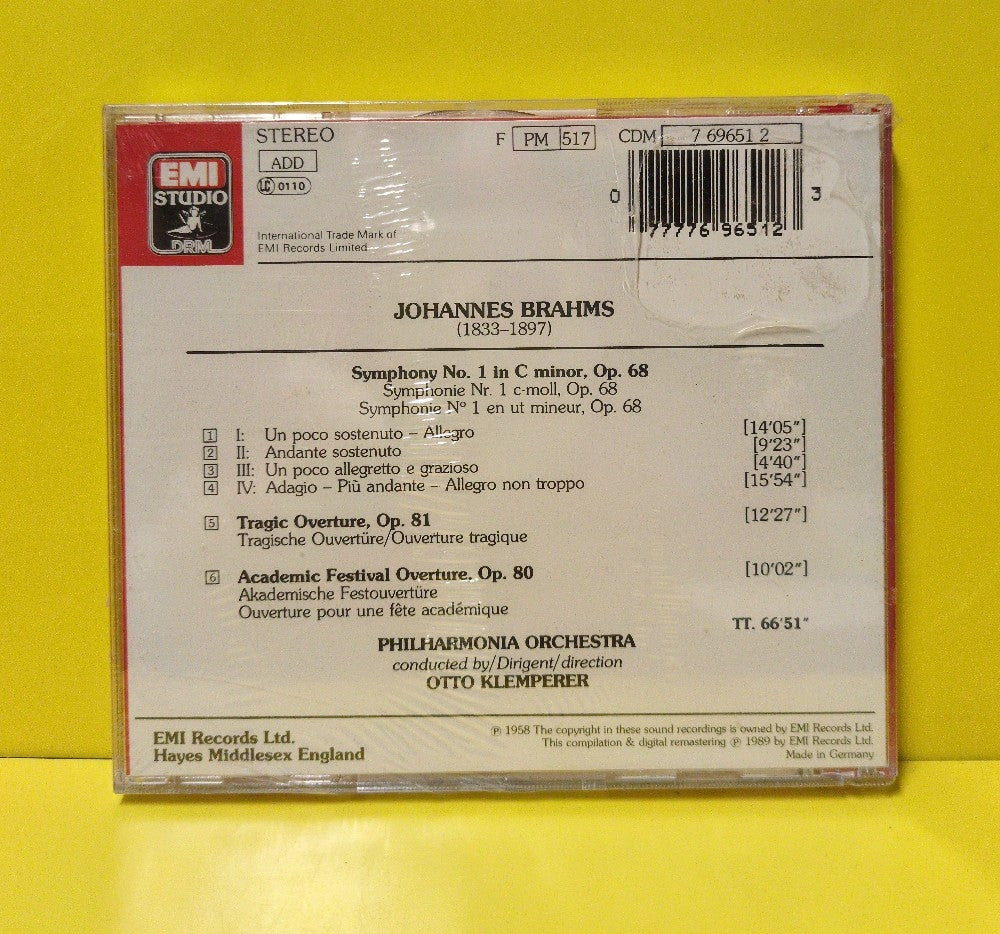 Brahms, Otto Klemperer - Brahms, Symphonie No. 1 / Tragic Overture / Academic Festival Overture - 1989 - CDM 7 69651 2 - New - Sealed - CDs - Reissue - European Import