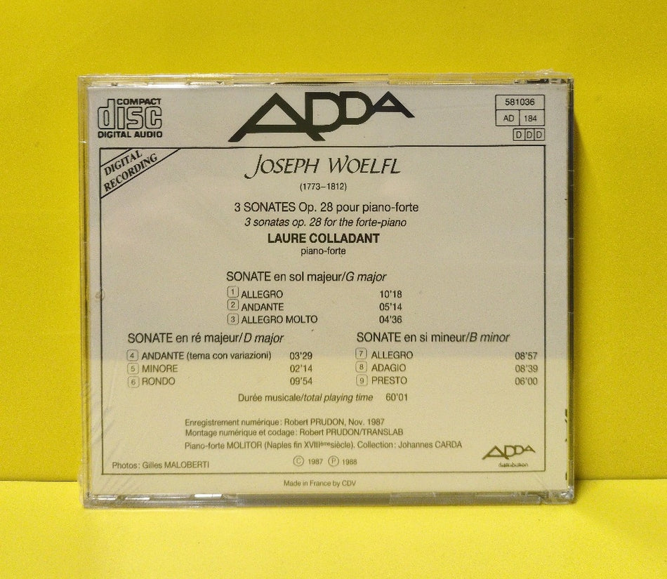 Joseph Woelfl - Laure Colladant - 3 Donates Pour Le Piano-Forte = 3 Sonatas For The Forte-Piano - 1988 - 581036 - New - Sealed - CDs - France Import