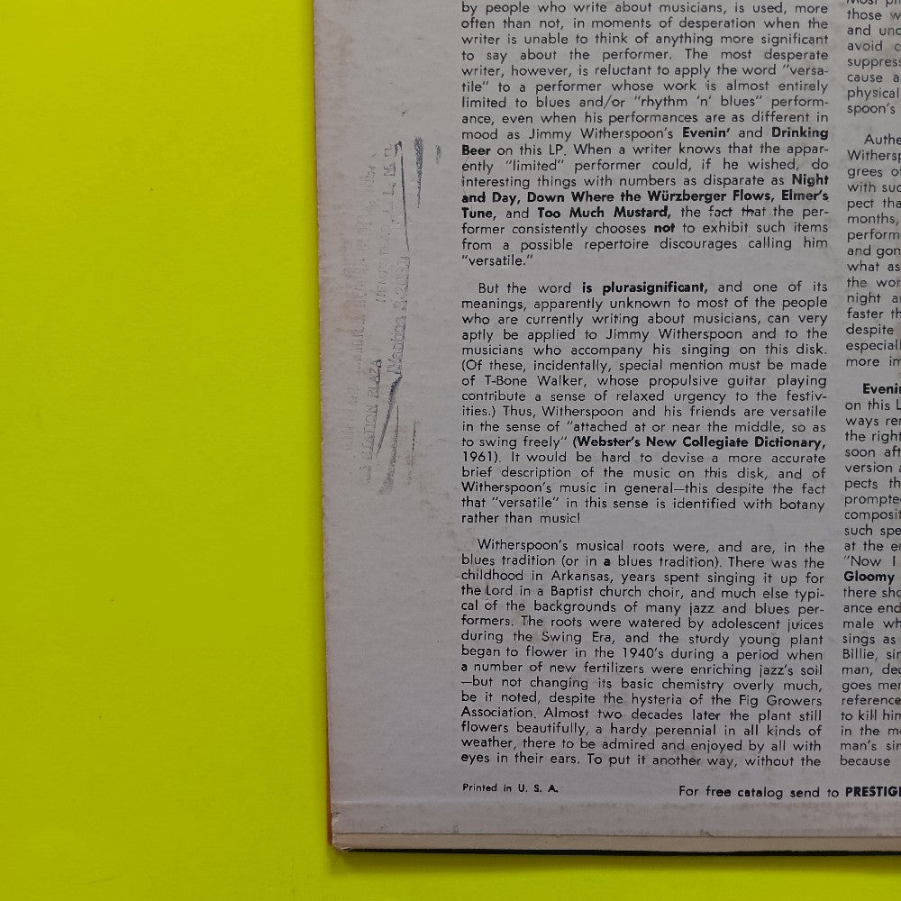 Jimmy Witherspoon - Evenin' Blues RVG Mono - 1964 - PR 7300 - Used - VG+ - Vinyl