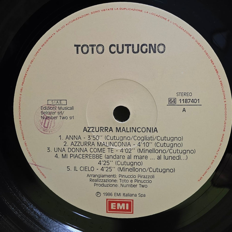 Toto Cutugno - Azzurra Malinconia - 1986 - 64 1187401 - Used - VG++ - Vinyl