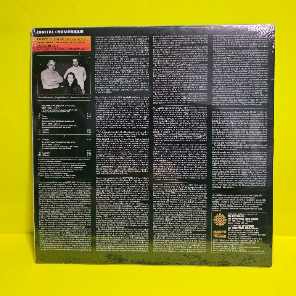 Bach Angela Hewitt,  CBC Mario Bernardi - Bach Piano Concerti BWV 1952, 1053 & 1056 - 1987 - SM5065 - New - Sealed - Vinyl