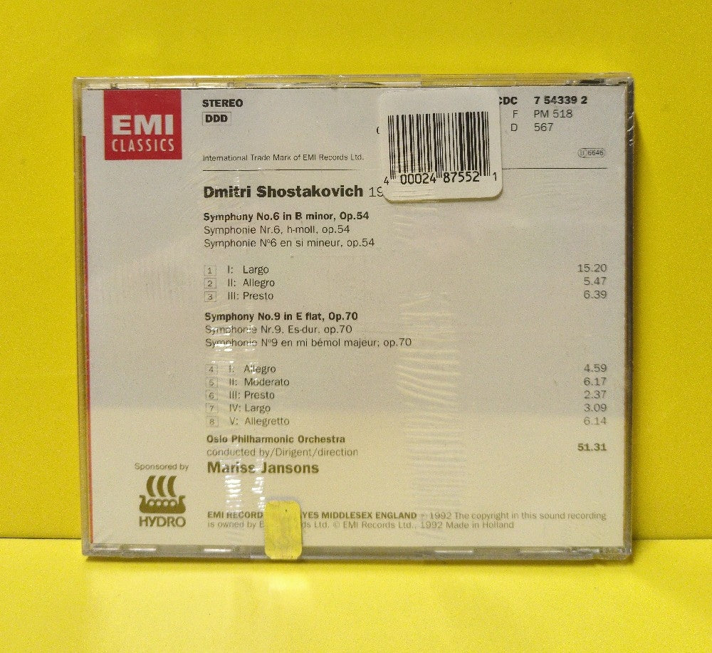 Shostakovich, Oslo Philharmonic Orchestra, Mariss Jansons - Symphonies 6 & 9 - 1992 - CDC 7 54339 2 - New - Sealed - CDs - European Import