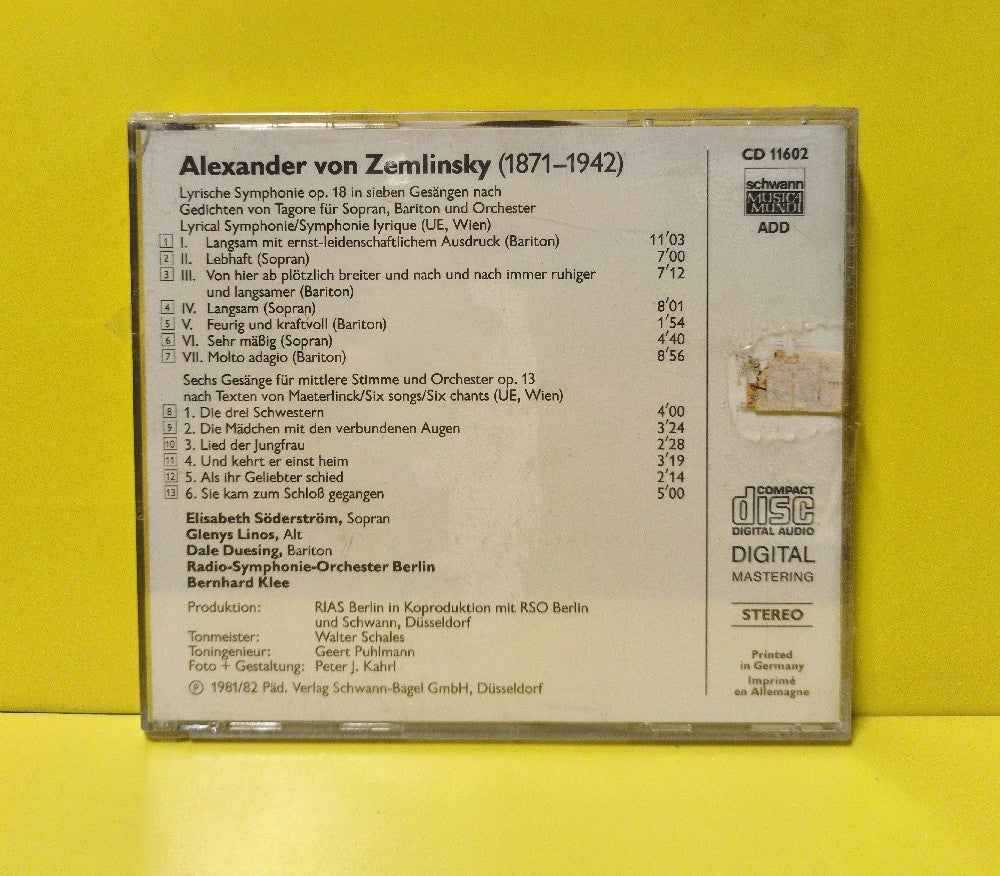 Alexander Von Zemlinsky, Radio-Symphonie-Orchester Berlin, Bernhard Klee, Elisabeth Soderstrom, Dale Duesing, Glenys Linos - Lyrische Symphonie Op. 18 Sechs Gesange - CD 11602 - New - Sealed - CDs - European Import